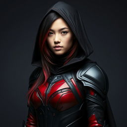A young woman with ombre hair transitioning from black to red, dressed in a form-fitting armor that features shades of red and black