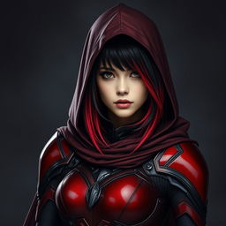 A young woman with ombre hair transitioning from black to red, dressed in a form-fitting armor that features shades of red and black