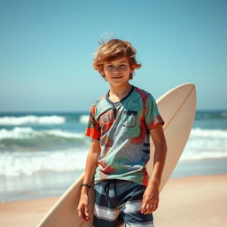 A teenage boy with tousled brown hair, wearing laid-back surf clothes, including a colorful short-sleeve shirt and board shorts