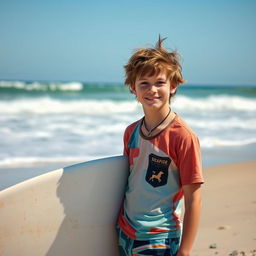 A teenage boy with tousled brown hair, wearing laid-back surf clothes, including a colorful short-sleeve shirt and board shorts