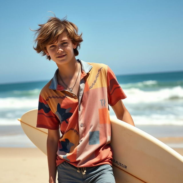 A teenage boy with tousled brown hair, wearing laid-back surf clothes, including a colorful short-sleeve shirt and board shorts