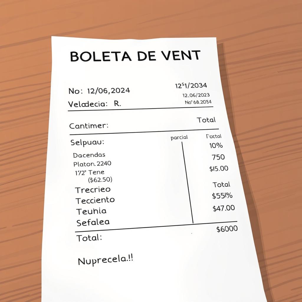 A realistic and detailed illustration of a sales receipt (boleta de venta) placed on a wooden table