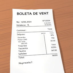 A realistic and detailed illustration of a sales receipt (boleta de venta) placed on a wooden table