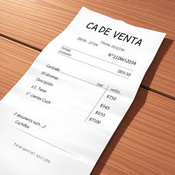 A realistic and detailed illustration of a sales receipt (boleta de venta) placed on a wooden table