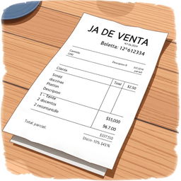 A realistic and detailed illustration of a sales receipt (boleta de venta) placed on a wooden table