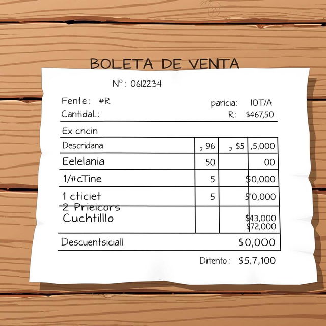 A realistic and detailed illustration of a sales receipt (boleta de venta) placed on a wooden table