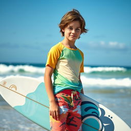 A teenage boy with tousled brown hair, dressed in colorful surf clothing that includes a stylish short-sleeved shirt and vibrant board shorts