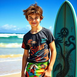 A teenage boy with tousled brown hair, dressed in colorful surf clothing that includes a stylish short-sleeved shirt and vibrant board shorts