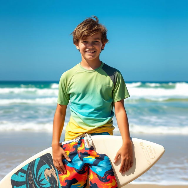 A teenage boy with tousled brown hair, dressed in colorful surf clothing that includes a stylish short-sleeved shirt and vibrant board shorts