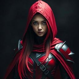 A young woman with long ombre hair transitioning from black to red, wearing a tight-fitting armor in shades of red and black
