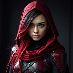 A young woman with long ombre hair transitioning from black to red, wearing a tight-fitting armor in shades of red and black