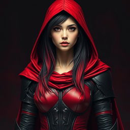 A young woman with long ombre hair transitioning from black to red, wearing a tight-fitting armor in shades of red and black