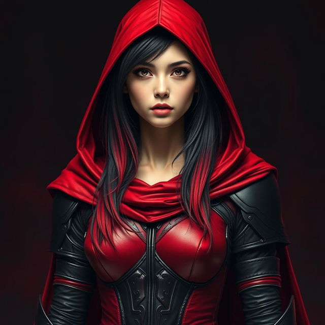 A young woman with long ombre hair transitioning from black to red, wearing a tight-fitting armor in shades of red and black