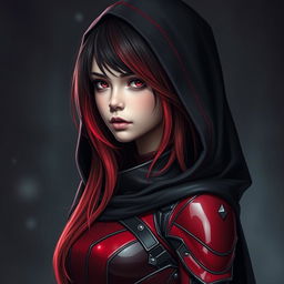 A young woman with long ombre hair transitioning from black to red, wearing a tight-fitting armor in shades of red and black