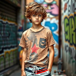 A teenage boy with tousled brown hair, dressed in casual surf clothes consisting of a colorful short-sleeve shirt and board shorts