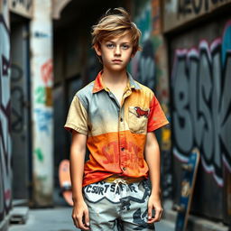 A teenage boy with tousled brown hair, dressed in casual surf clothes consisting of a colorful short-sleeve shirt and board shorts