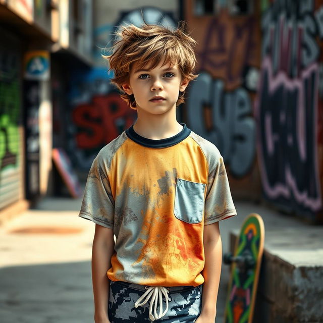 A teenage boy with tousled brown hair, dressed in casual surf clothes consisting of a colorful short-sleeve shirt and board shorts