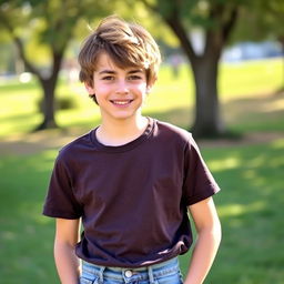 A teenage boy with shaggy brown hair, standing confidently in a relaxed posture