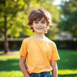 A teenage boy with shaggy brown hair, standing confidently in a relaxed posture