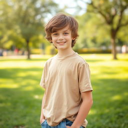 A teenage boy with shaggy brown hair, standing confidently in a relaxed posture
