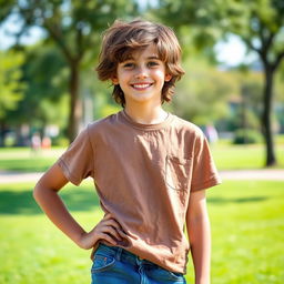 A teenage boy with shaggy brown hair, standing confidently in a relaxed posture