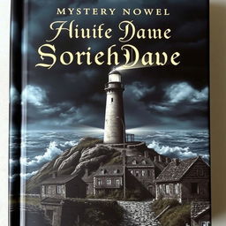 A chilling book cover depicting a solitary lighthouse on a desolate island, surrounded by turbulent seas and ominous dark clouds