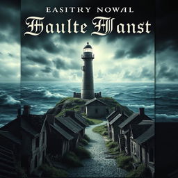 A chilling book cover depicting a solitary lighthouse on a desolate island, surrounded by turbulent seas and ominous dark clouds