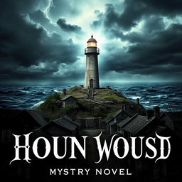 A chilling book cover depicting a solitary lighthouse on a desolate island, surrounded by turbulent seas and ominous dark clouds