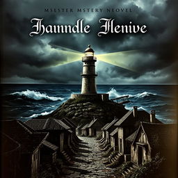 A chilling book cover depicting a solitary lighthouse on a desolate island, surrounded by turbulent seas and ominous dark clouds