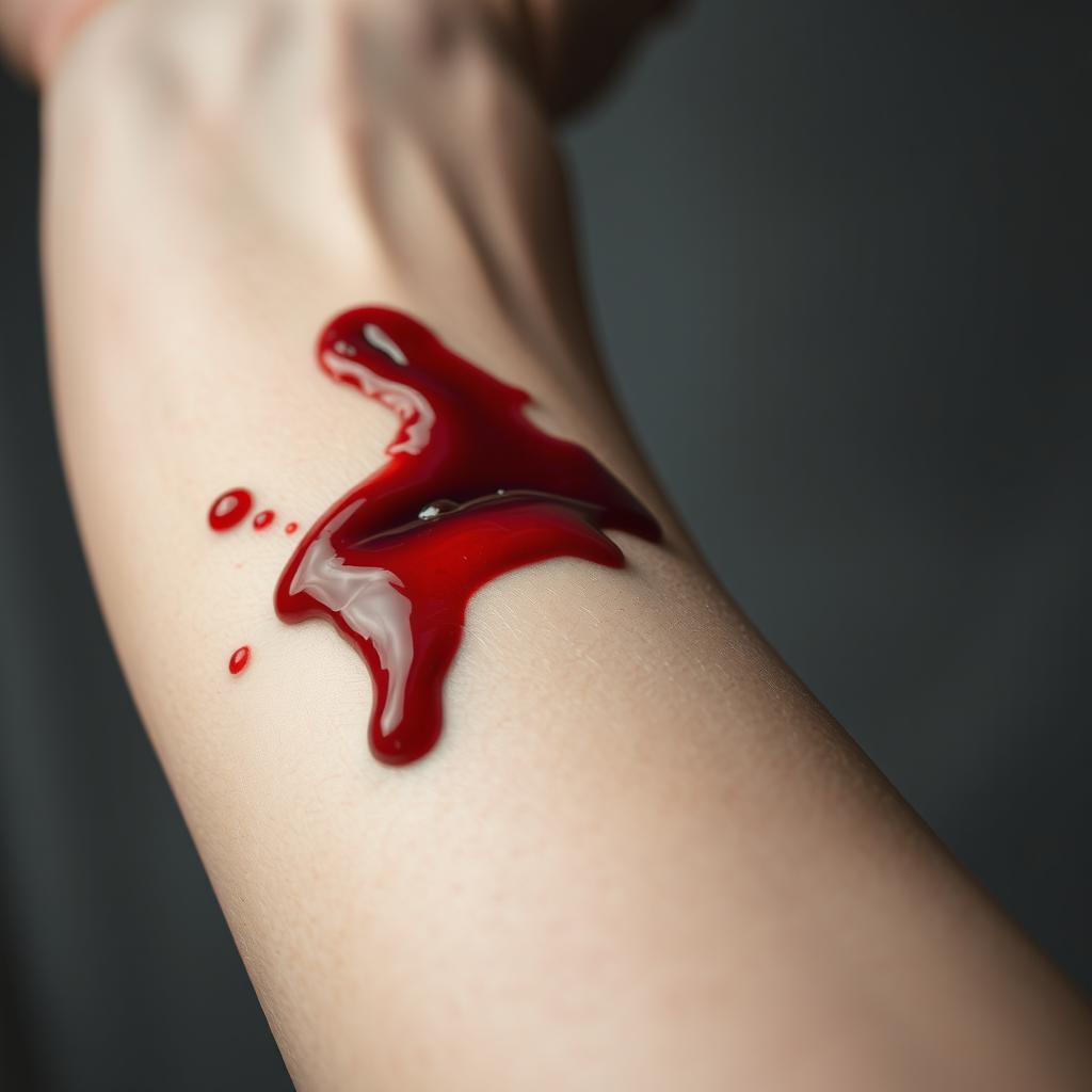 A close-up view of a human arm with a deep cut, blood oozing out from the wound, showcasing intricate details of the skin texture, the vibrant red of the blood, and the contrast against a pale skin tone