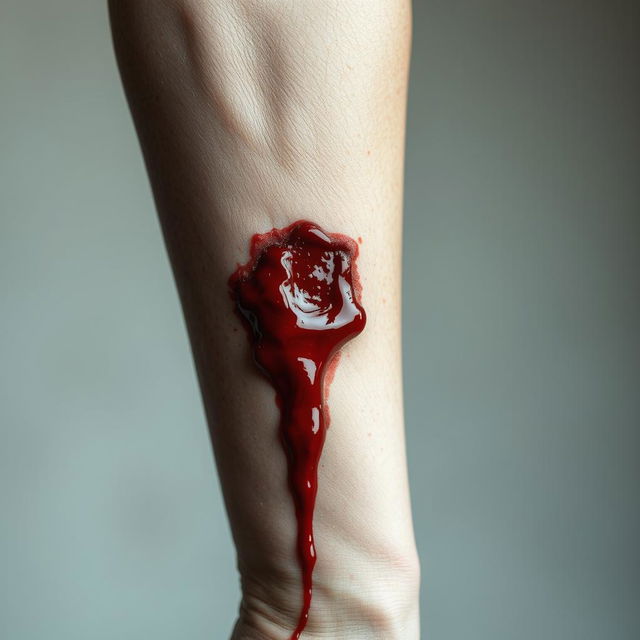 A close-up view of a human arm with a deep cut, blood oozing out from the wound, showcasing intricate details of the skin texture, the vibrant red of the blood, and the contrast against a pale skin tone