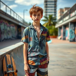 A teenage boy with tousled brown hair, dressed in trendy surf clothes, including a stylish short-sleeve shirt with bright patterns and casual board shorts