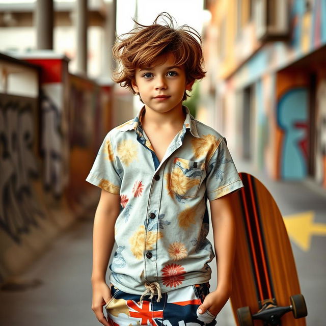 A teenage boy with tousled brown hair, dressed in trendy surf clothes, including a stylish short-sleeve shirt with bright patterns and casual board shorts