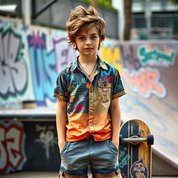 A teenage boy with tousled brown hair, dressed in trendy surf clothes, including a stylish short-sleeve shirt with bright patterns and casual board shorts