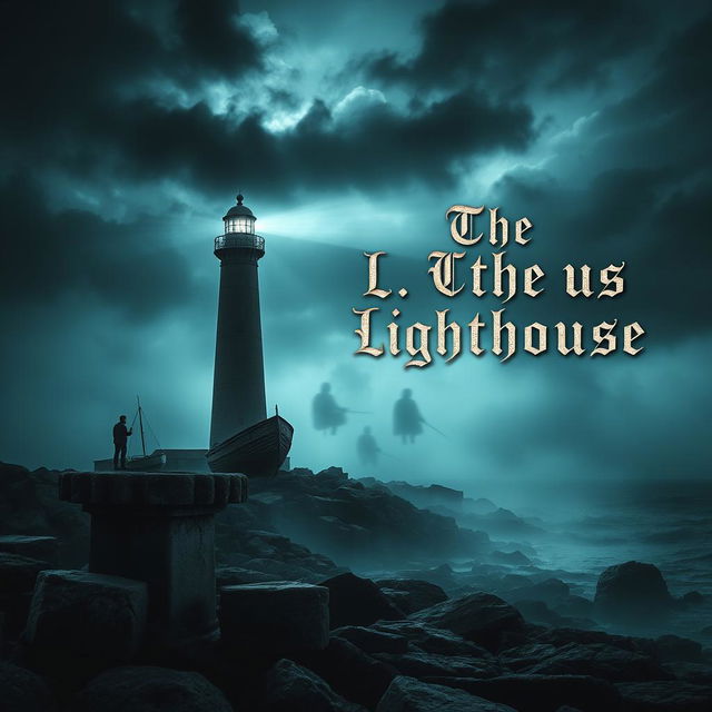 A haunting book cover for a mystery novel titled 'The Lighthouse', showcasing a solitary lighthouse standing tall against a stormy sky