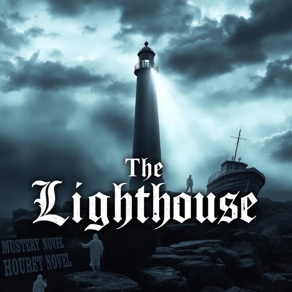 A haunting book cover for a mystery novel titled 'The Lighthouse', showcasing a solitary lighthouse standing tall against a stormy sky