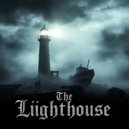 A haunting book cover for a mystery novel titled 'The Lighthouse', showcasing a solitary lighthouse standing tall against a stormy sky