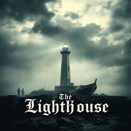 A haunting book cover for a mystery novel titled 'The Lighthouse', showcasing a solitary lighthouse standing tall against a stormy sky