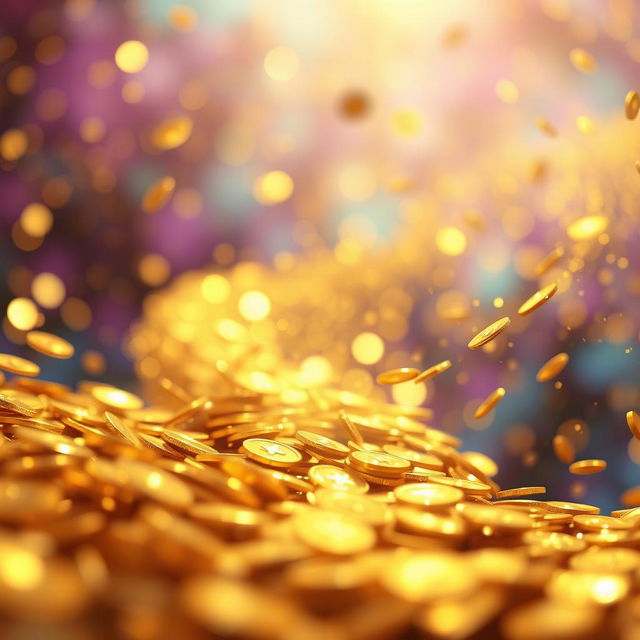 An infinite supply of sparkling golden coins flowing endlessly in a smooth, swirling pattern, with a shimmering effect to enhance their brightness