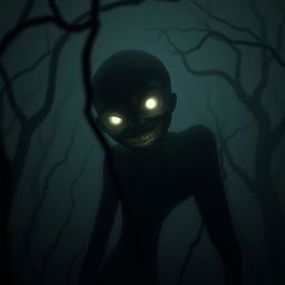 A creepy smiling entity, with elongated limbs and a wide, unsettling grin, glowing eyes peering through a dark, misty forest