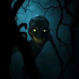 A creepy smiling entity, with elongated limbs and a wide, unsettling grin, glowing eyes peering through a dark, misty forest