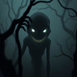 A creepy smiling entity, with elongated limbs and a wide, unsettling grin, glowing eyes peering through a dark, misty forest