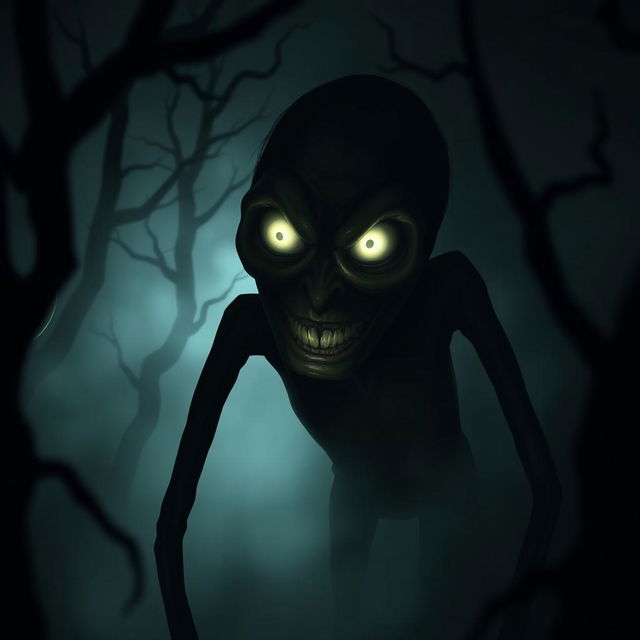 A creepy smiling entity, with elongated limbs and a wide, unsettling grin, glowing eyes peering through a dark, misty forest