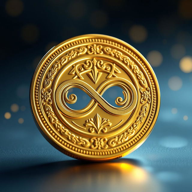 A highly detailed and visually striking representation of an infinity coin, featuring a unique design that symbolizes eternity and balance