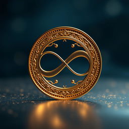 A highly detailed and visually striking representation of an infinity coin, featuring a unique design that symbolizes eternity and balance
