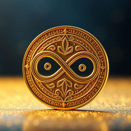 A highly detailed and visually striking representation of an infinity coin, featuring a unique design that symbolizes eternity and balance