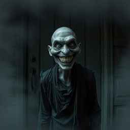 A creepy smiling human standing outside a closed door, with a wide, unsettling grin and a glint in their eyes
