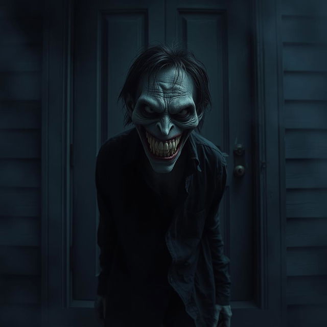 A creepy smiling human standing outside a closed door, with a wide, unsettling grin and a glint in their eyes