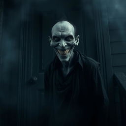 A creepy smiling human standing outside a closed door, with a wide, unsettling grin and a glint in their eyes