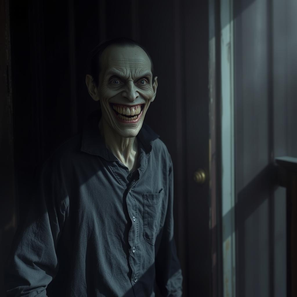 A creepy smiling human standing outside a closed door, with a wide, unsettling grin and a glint in their eyes